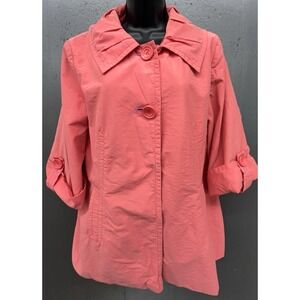 Womens Rain Coat Med Pet Coral Pink Pleated Collar 3/4 Sleeve Pockets